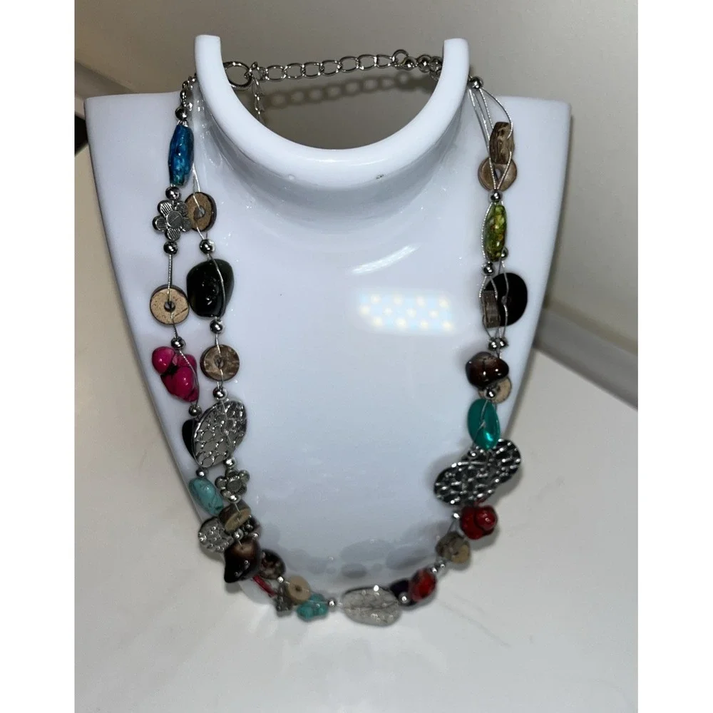 Necklace Multicolored Stones Wood Silver Two Strand Bohemian Textured Ethnic